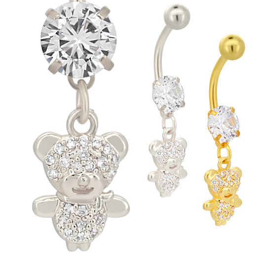 316L Stainless Steel Dangling Teddy Bear with CZ Belly Ring
