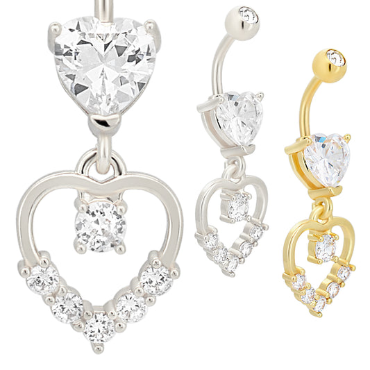 Heart Shaped Zircon Stainless Steel Belly Ring, Dangling Hollow Heart, Zircon Belly Button Jewelry