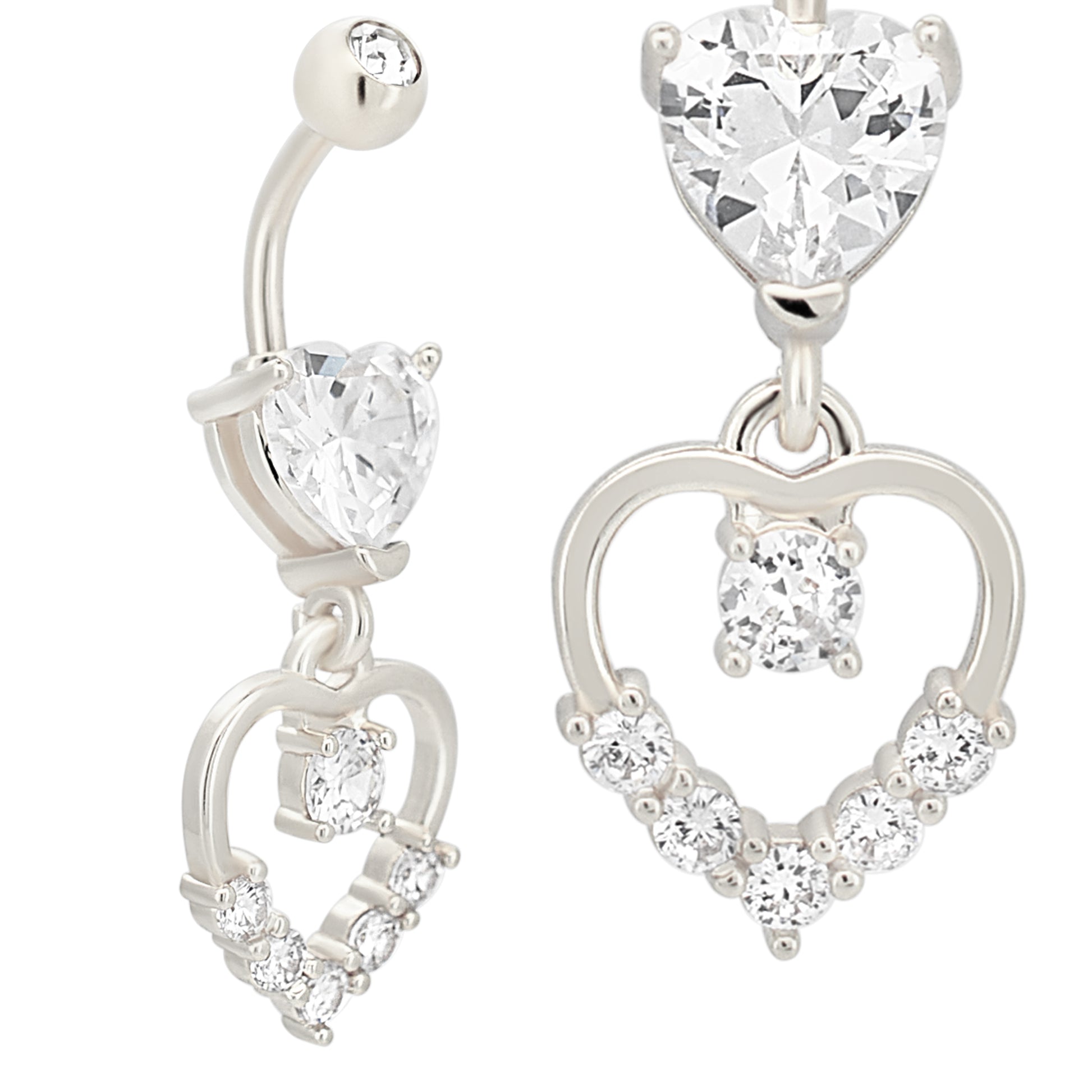 Heart Shaped Zircon Stainless Steel Belly Ring, Dangling Hollow Heart, Zircon Belly Button Jewelry