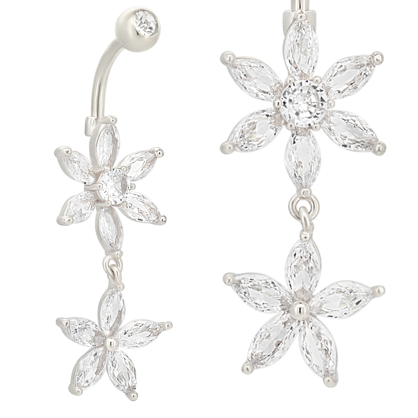Stainless Steel Flower Belly Ring with Zircon, Double Flower Navel Piercing, Body Jewelry