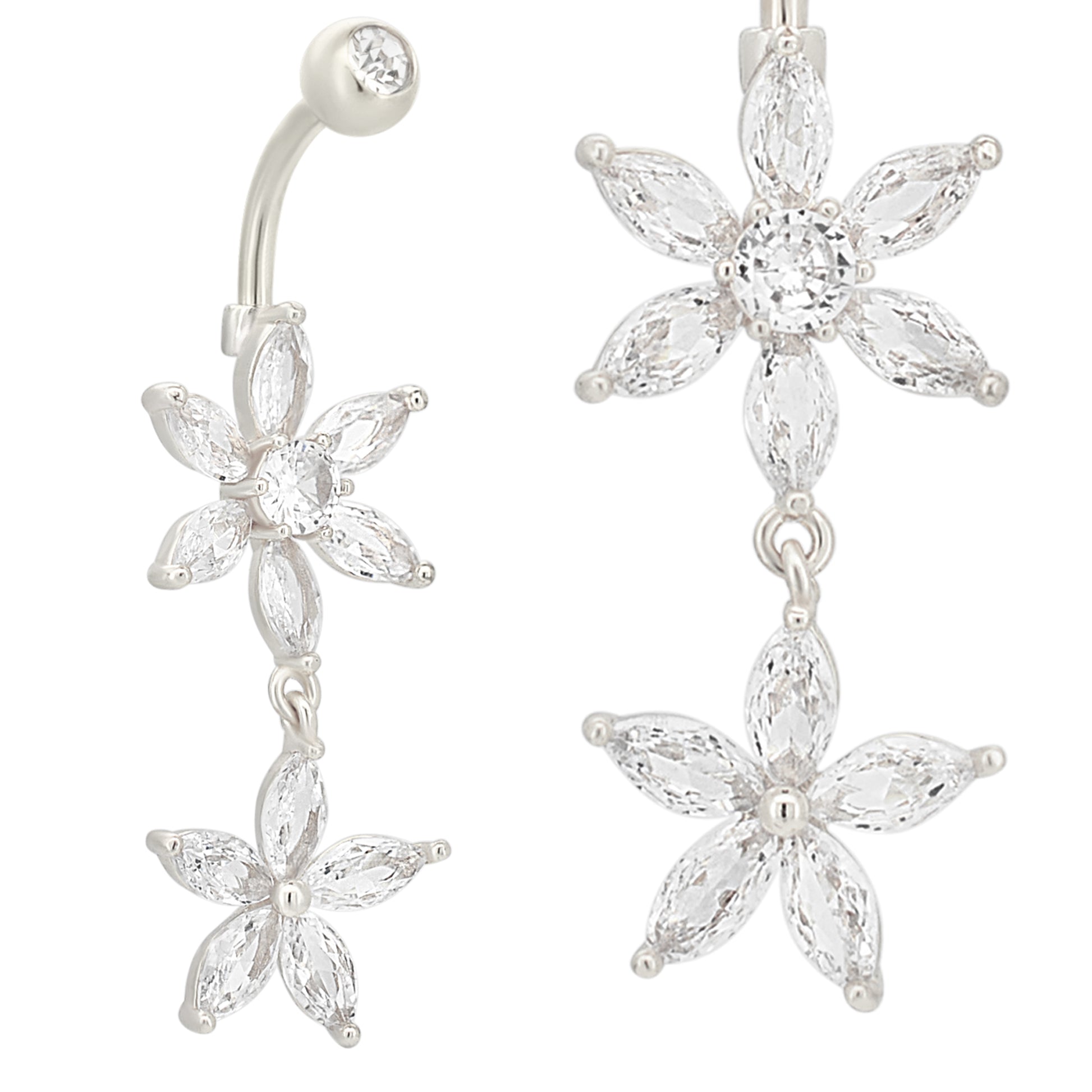 Stainless Steel Flower Belly Ring with Zircon, Double Flower Navel Piercing, Body Jewelry