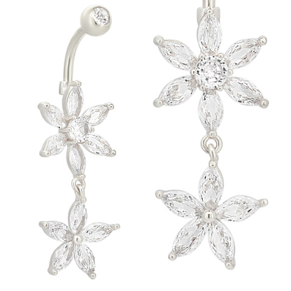 Stainless Steel Flower Belly Ring with Zircon, Double Flower Navel Piercing, Body Jewelry