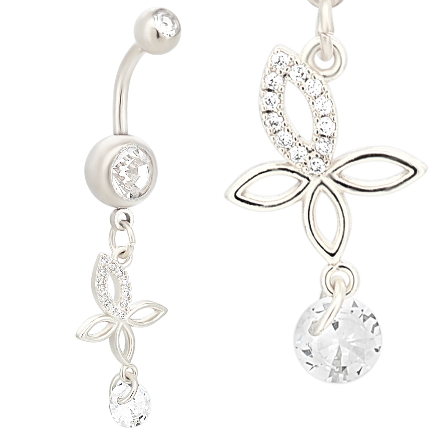316L Stainless Steel Round Zircon In Bezel Setting with Dangling Butterfly with Round Zircon Belly Ring