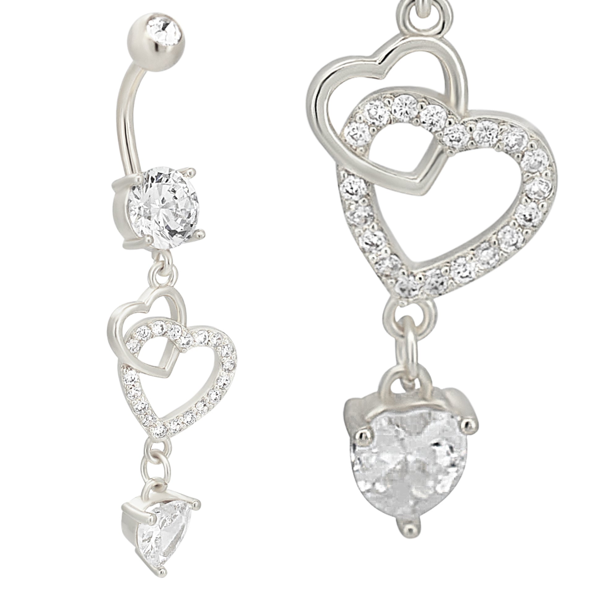 Dangling Hollow Heart Belly Ring with Zircon Hearts, 316L Stainless Steel, Heart Shaped Zircon, Body Piercing Jewelry