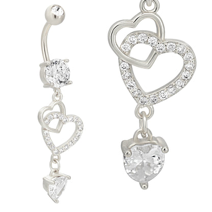 Dangling Hollow Heart Belly Ring with Zircon Hearts, 316L Stainless Steel, Heart Shaped Zircon, Body Piercing Jewelry