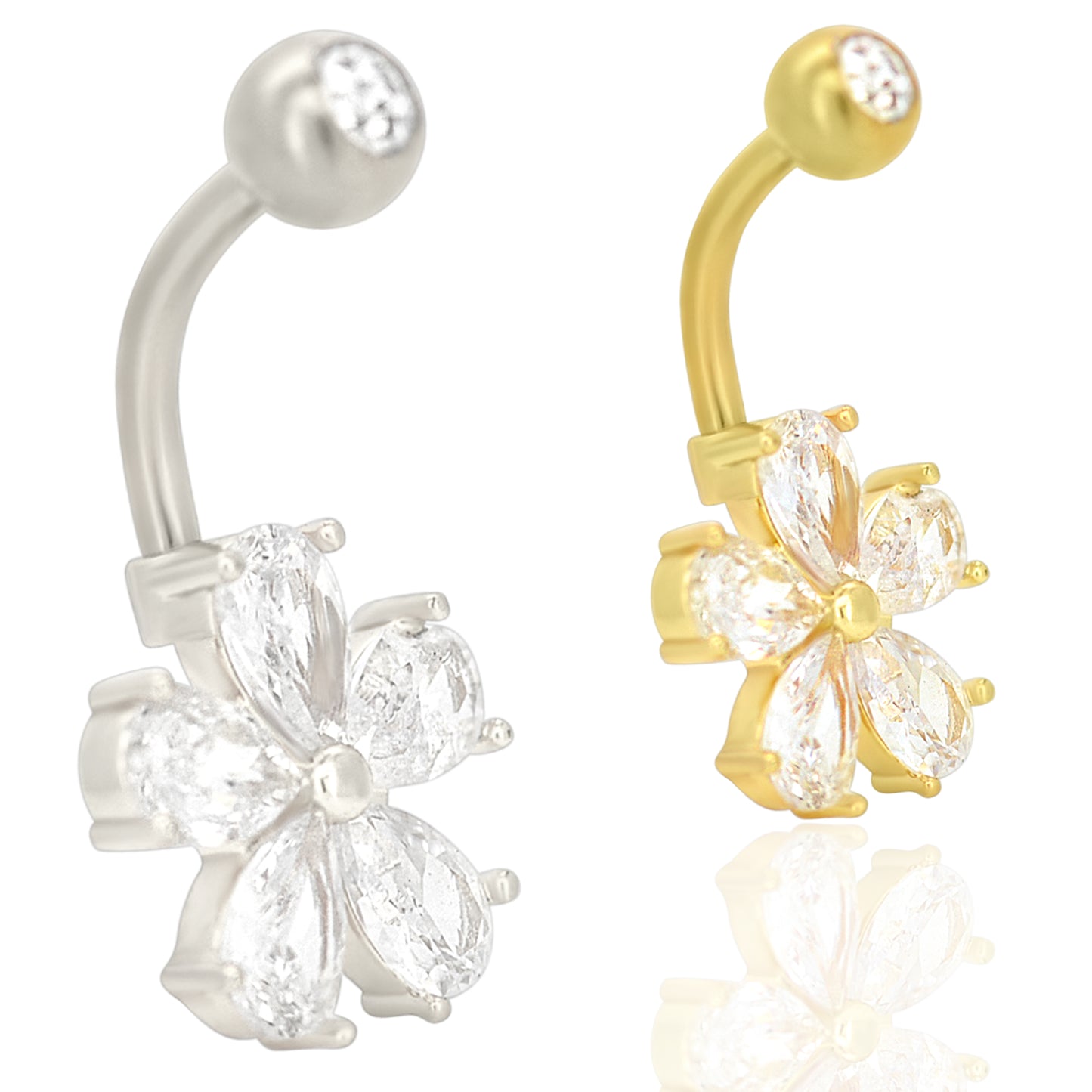 Flower Zircon Banana Belly Navel Ring, Stainless Steel Piercing Jewelry, Statement Belly Button Ring