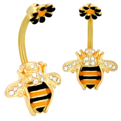 316L Stainless Steel Bee Flower Banana Belly Navel Ring, Insect Jewelry, Nature Inspired Gift