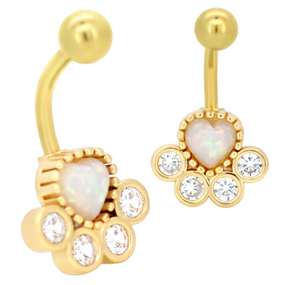 Paw Print Opalite/Zircon Belly Navel Ring, Stainless Steel Banana Piercing, Body Jewelry