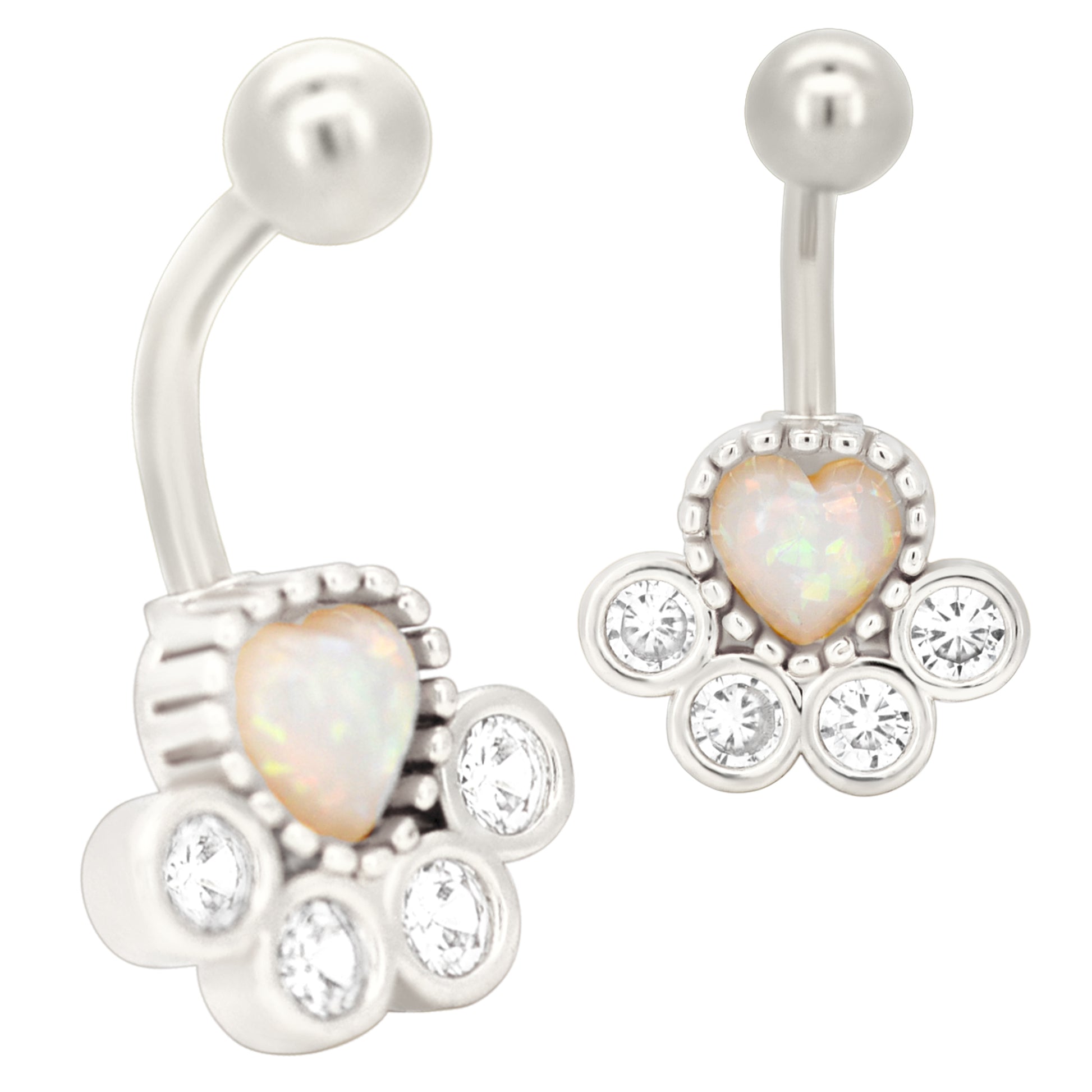 Paw Print Opalite/Zircon Belly Navel Ring, Stainless Steel Banana Piercing, Body Jewelry