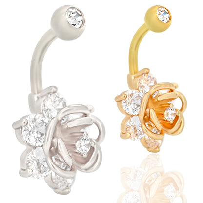Rose Flower Zircon Banana Belly Navel Ring, Stainless Steel, Hypoallergenic, Body Jewelry, Gift for Her