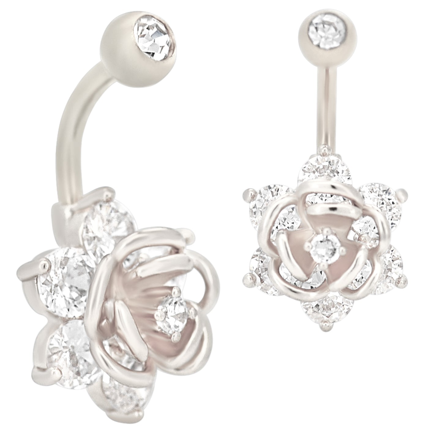 Rose Flower Zircon Banana Belly Navel Ring, Stainless Steel, Hypoallergenic, Body Jewelry, Gift for Her