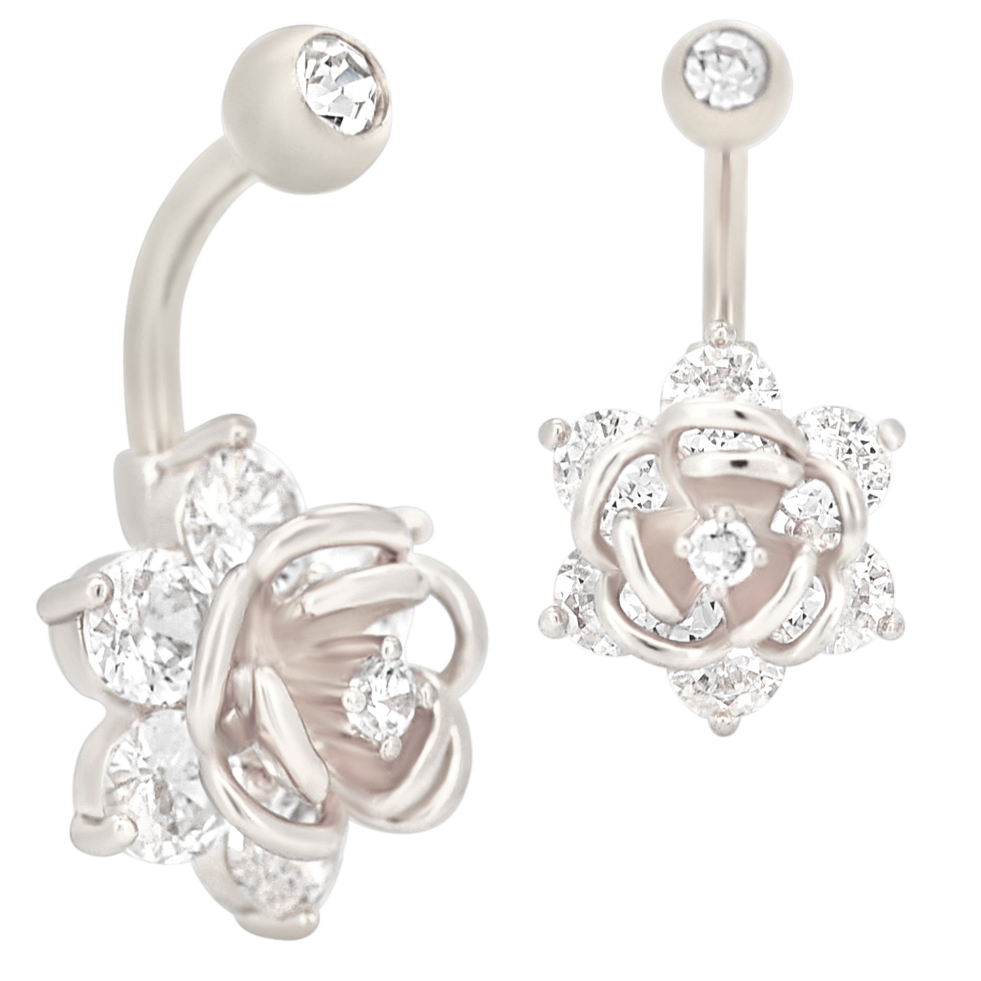 Rose Flower Zircon Banana Belly Navel Ring, Stainless Steel, Hypoallergenic, Body Jewelry, Gift for Her