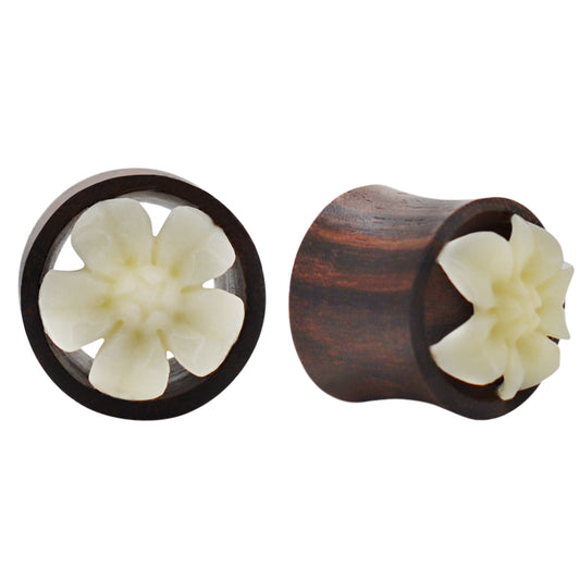Double Flare Wooden Tunnel Plugs, Water Lily Flower Design Buffalo Gauges, Handmade Organic Plugs