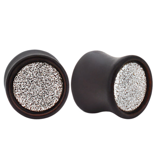 Black Wood Solid Ear Plugs with Silver Sandpaper Texture Top Design, Organic Gauges