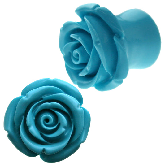Turquoise Hybrid Tea Rose Flower Resin Ear Plug Gauges, Floral Design Flare Plug, Rose Ear Gauge, Flower Ear Jewelry, Sexy Jewelz, Los Angeles
