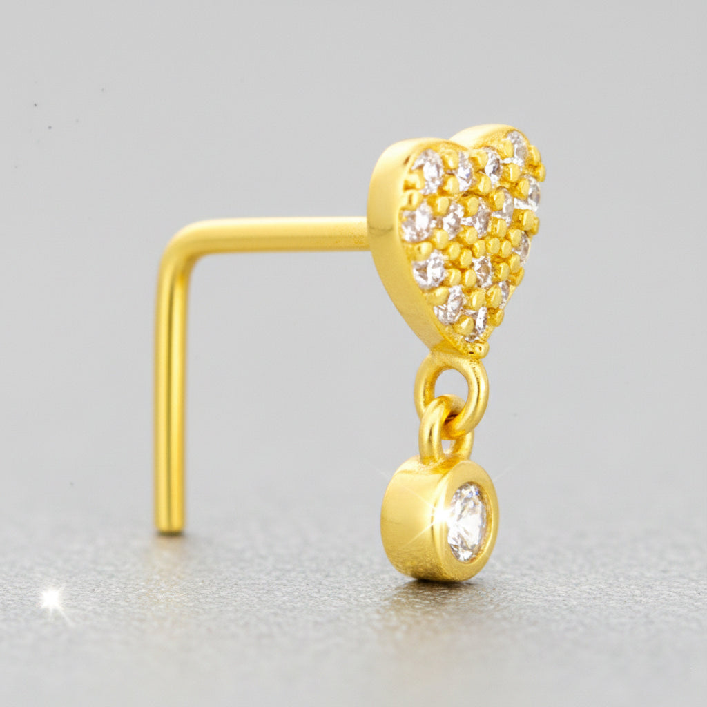 Sterling Silver CZ Studded Heart Dangling CZ L-Shaped Nose Ring