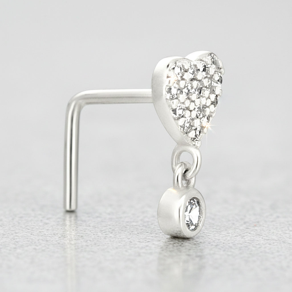Sterling Silver CZ Studded Heart Dangling CZ L-Shaped Nose Ring