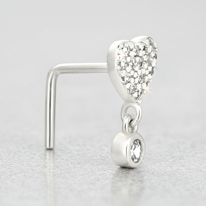 Sterling Silver CZ Studded Heart Dangling CZ L-Shaped Nose Ring