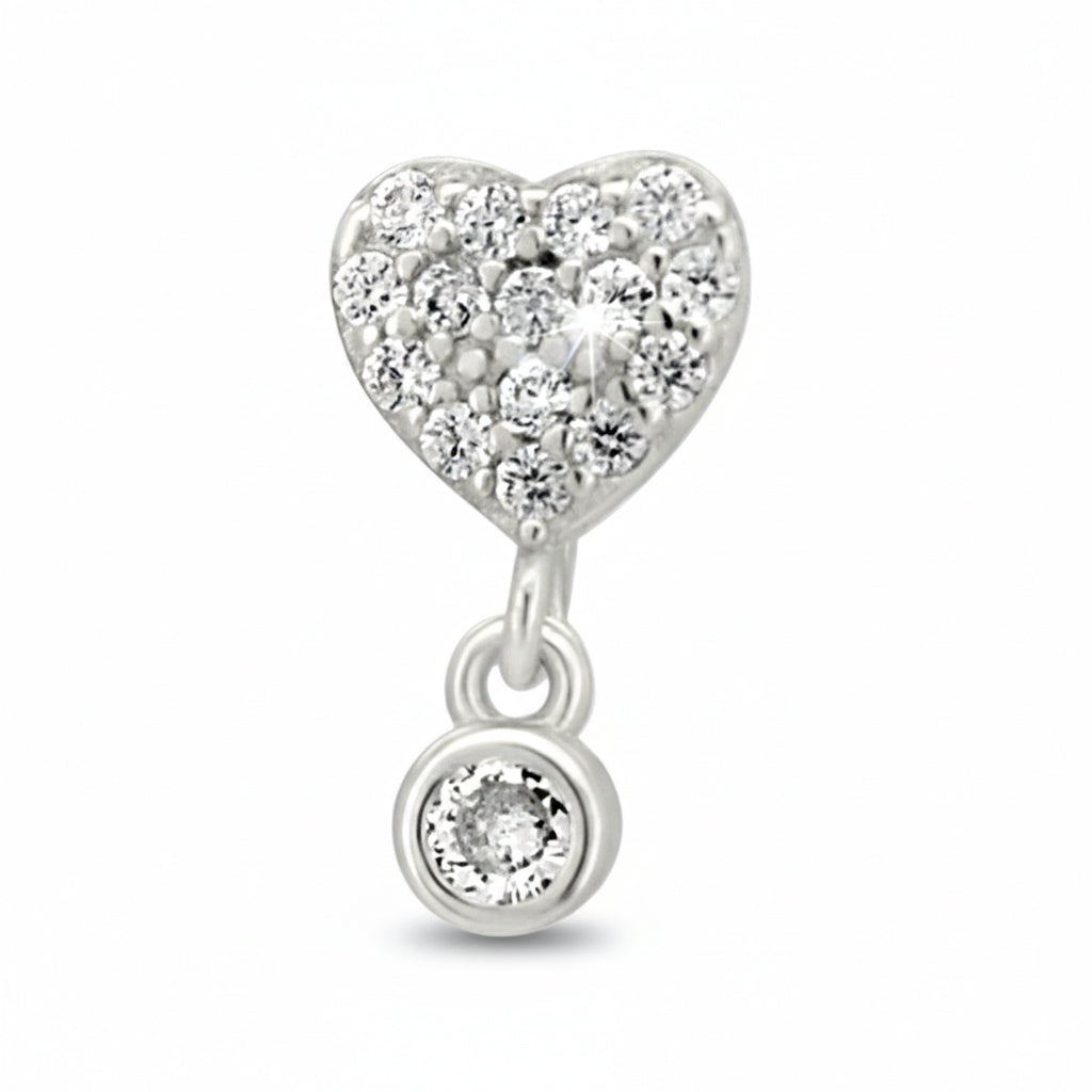 Sterling Silver CZ Studded Heart Dangling CZ L-Shaped Nose Ring